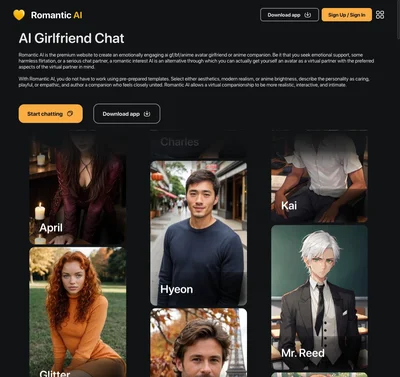 Romantic AI companion chat platform homepage showing character selection, relationship progression, and chat interface 2026