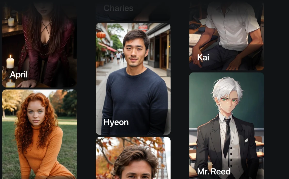 Romantic AI character browser showing curated companion library with anime and realistic styles and personality configuration options